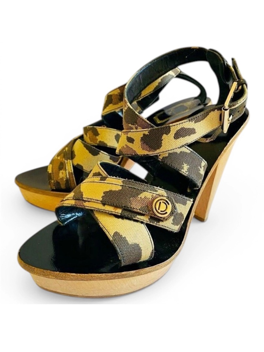 🛍️ Christian Dior Authentic Camouflage Wooden Platform Strappy Sandals. Like New